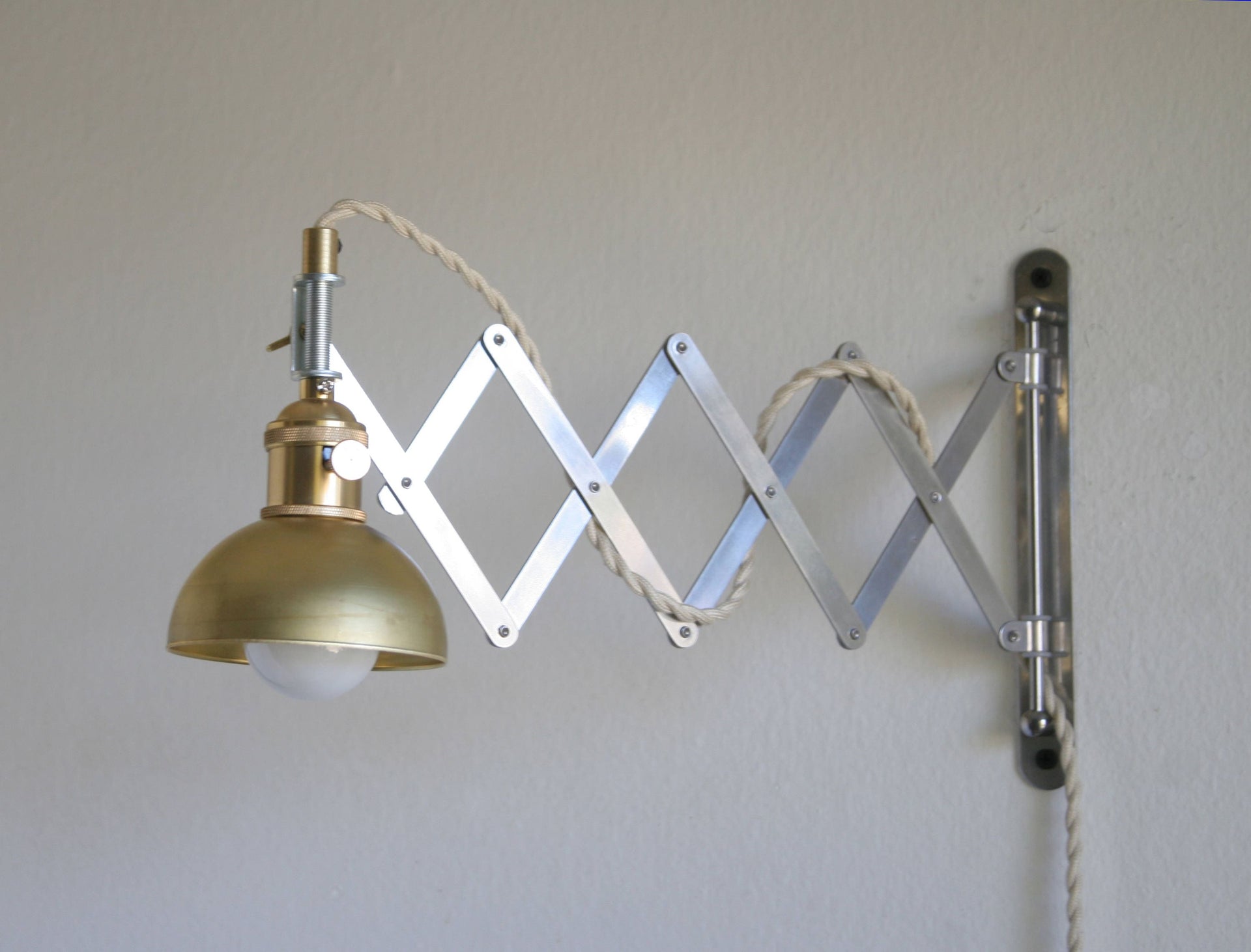 Scissors lamp, Scissor lamp with brass dome shade, Accordion Wall Lamp with spun brass cone shade, scissors light, No.S7025-1