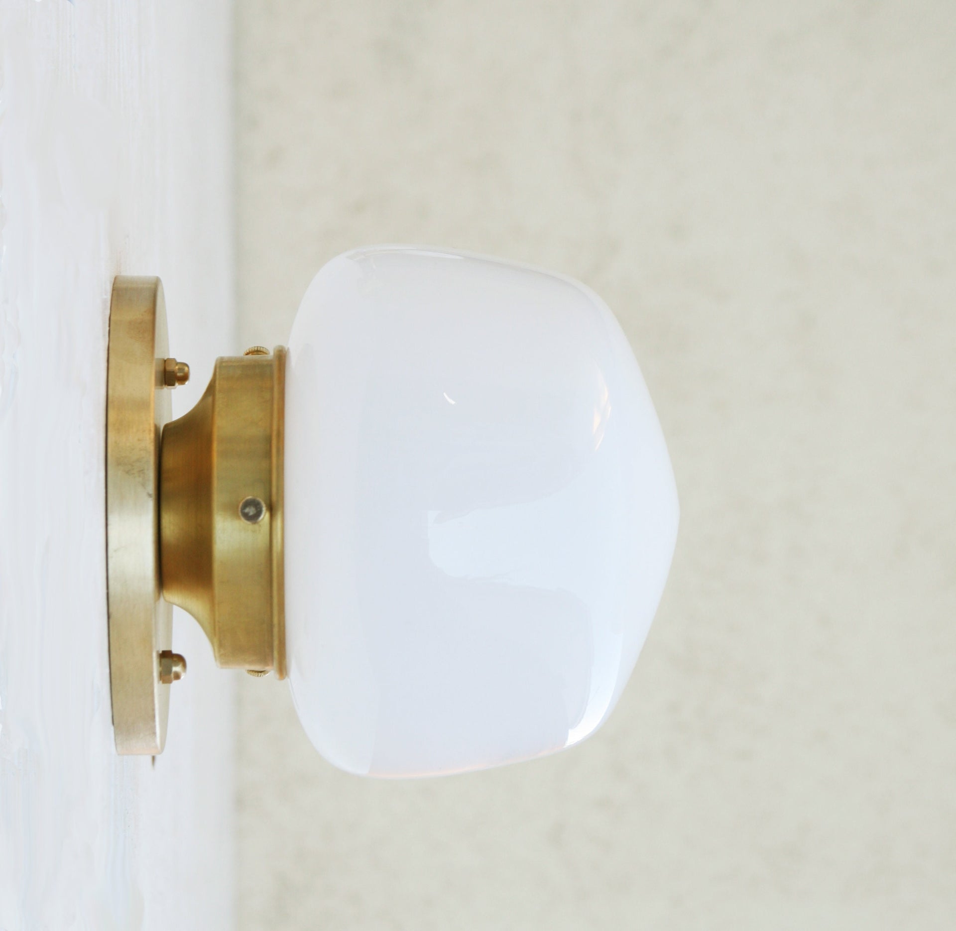 Wall Sconce/Flush mount Ceiling  Light, Mid Century Brass Wall Sconce/Ceiling   Light with white glass schoolhouse shade
