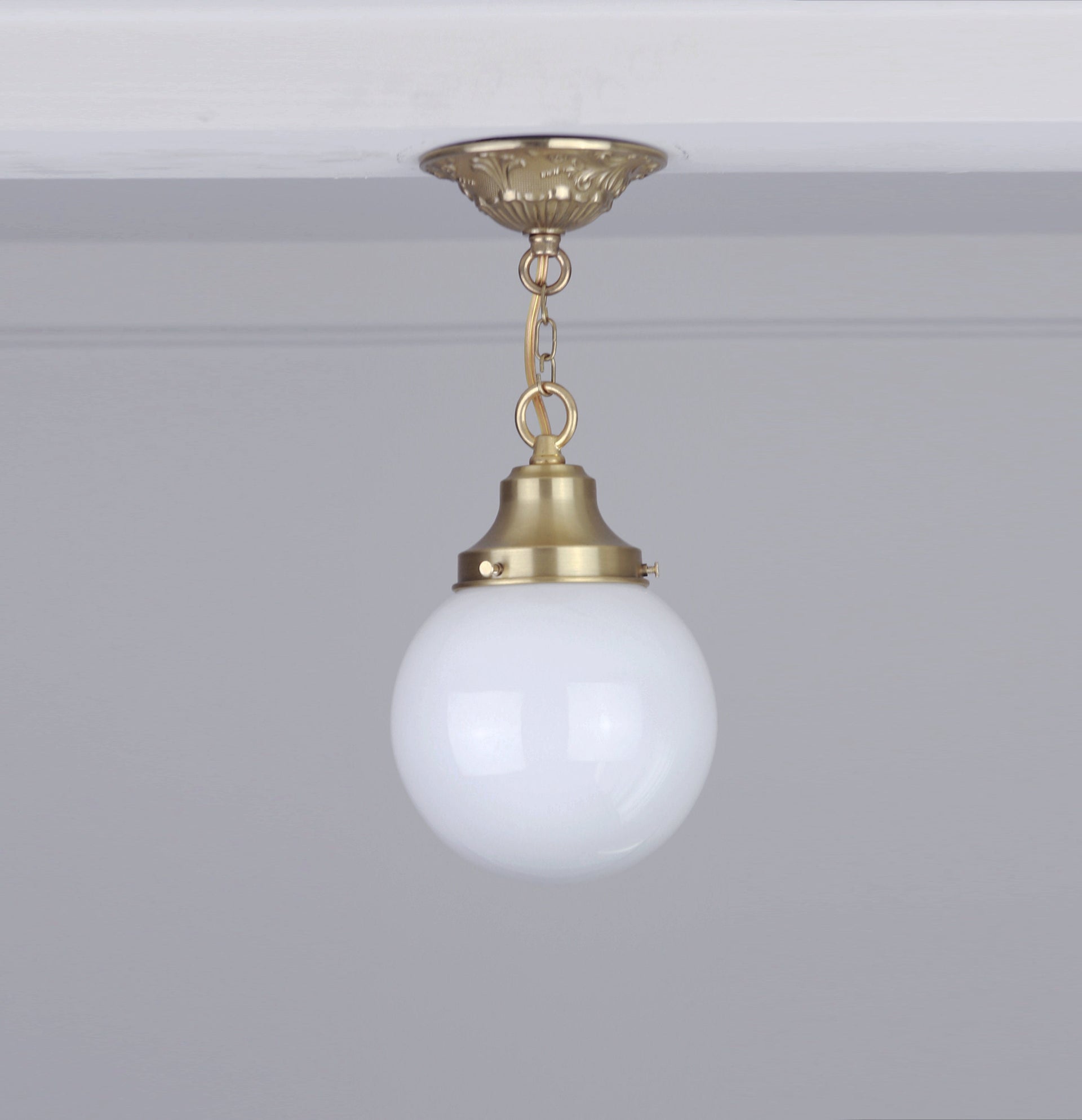 White Milk Glass Globe  Pendant Light Fixture, Glass Pendant Light, Casting Brass Pendant Light