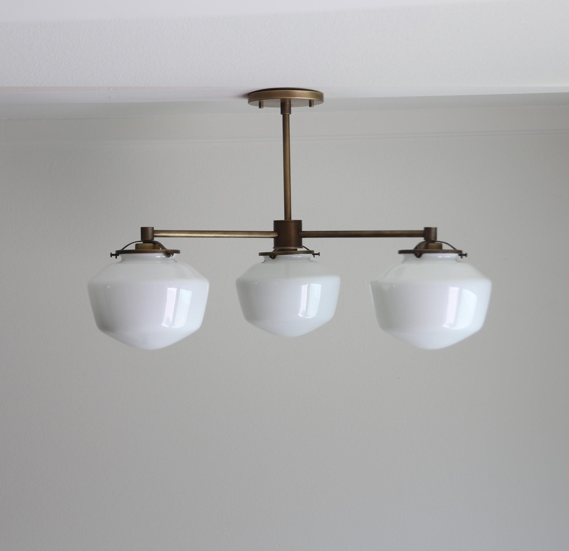 Brass Chandelier, Modern Brass Chandelier, Aged brass Chandelier with glass shade, Shade is made in the USA, UL Listed No.0384