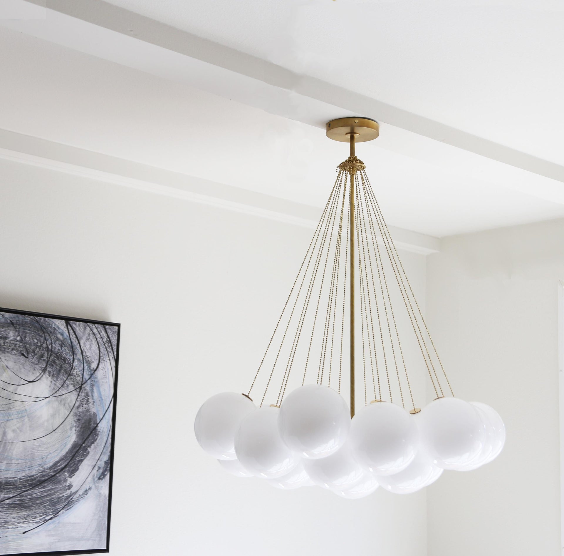 Chandelier, Brass Chandelier, Light with white glass  shade