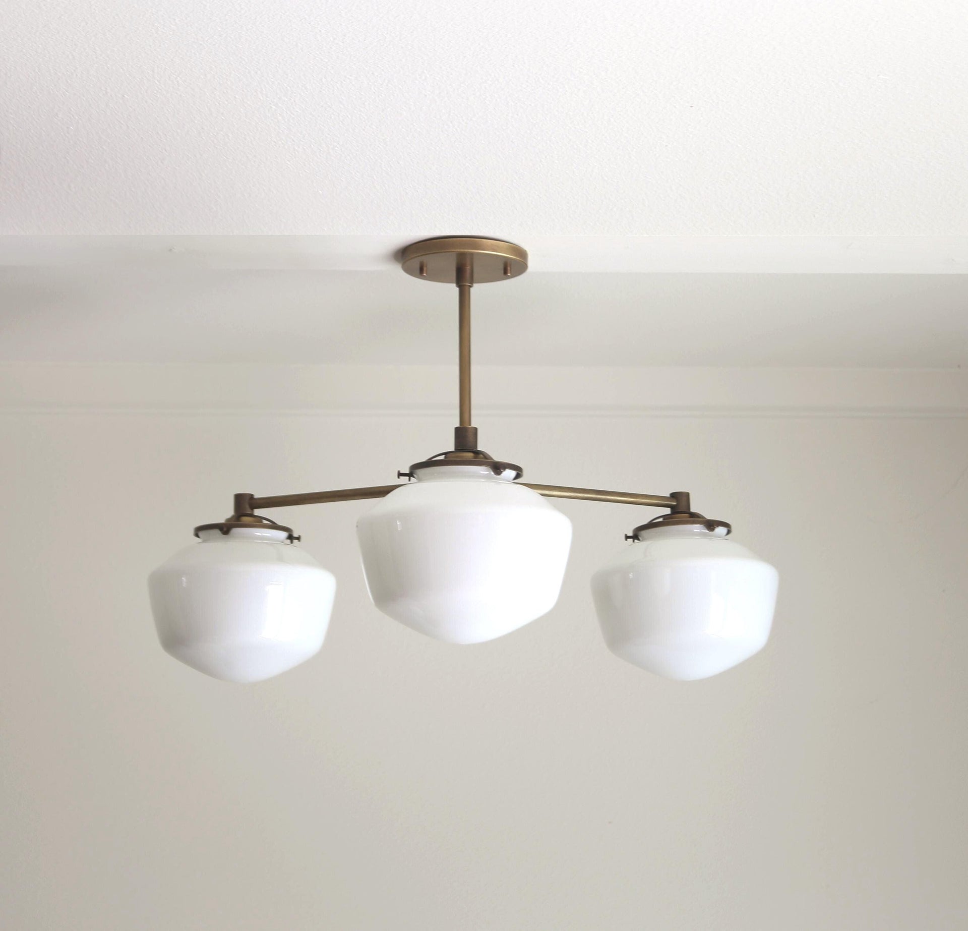 Brass Chandelier, Modern Brass Chandelier, Aged brass Chandelier with glass shade, Shade is made in the USA, UL Listed No.0384