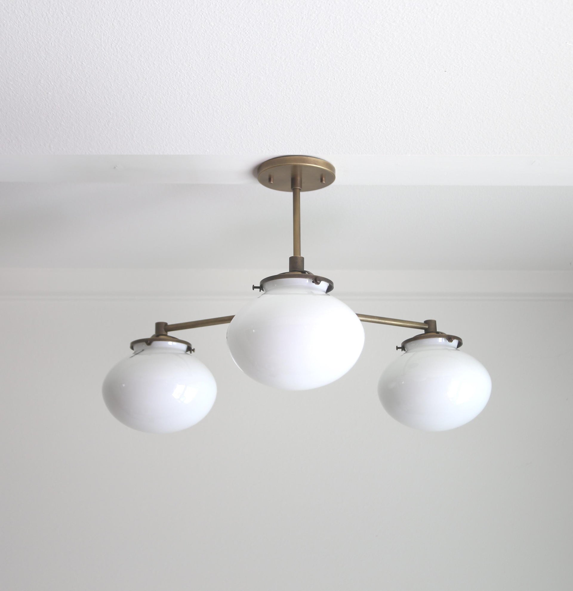 Brass Chandelier, Modern Brass Chandelier, Aged brass Chandelier with glass shade, Shade is made in the USA, UL Listed No.0415